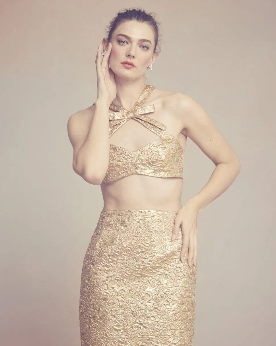 Olivia Bow Top in Gold Brocade