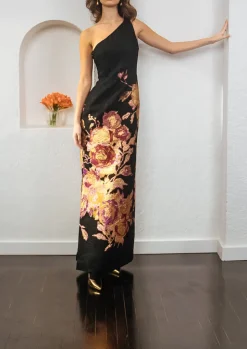 One Shoulder Slim Dress In Black Crepe With Pink And Gold Appliqué