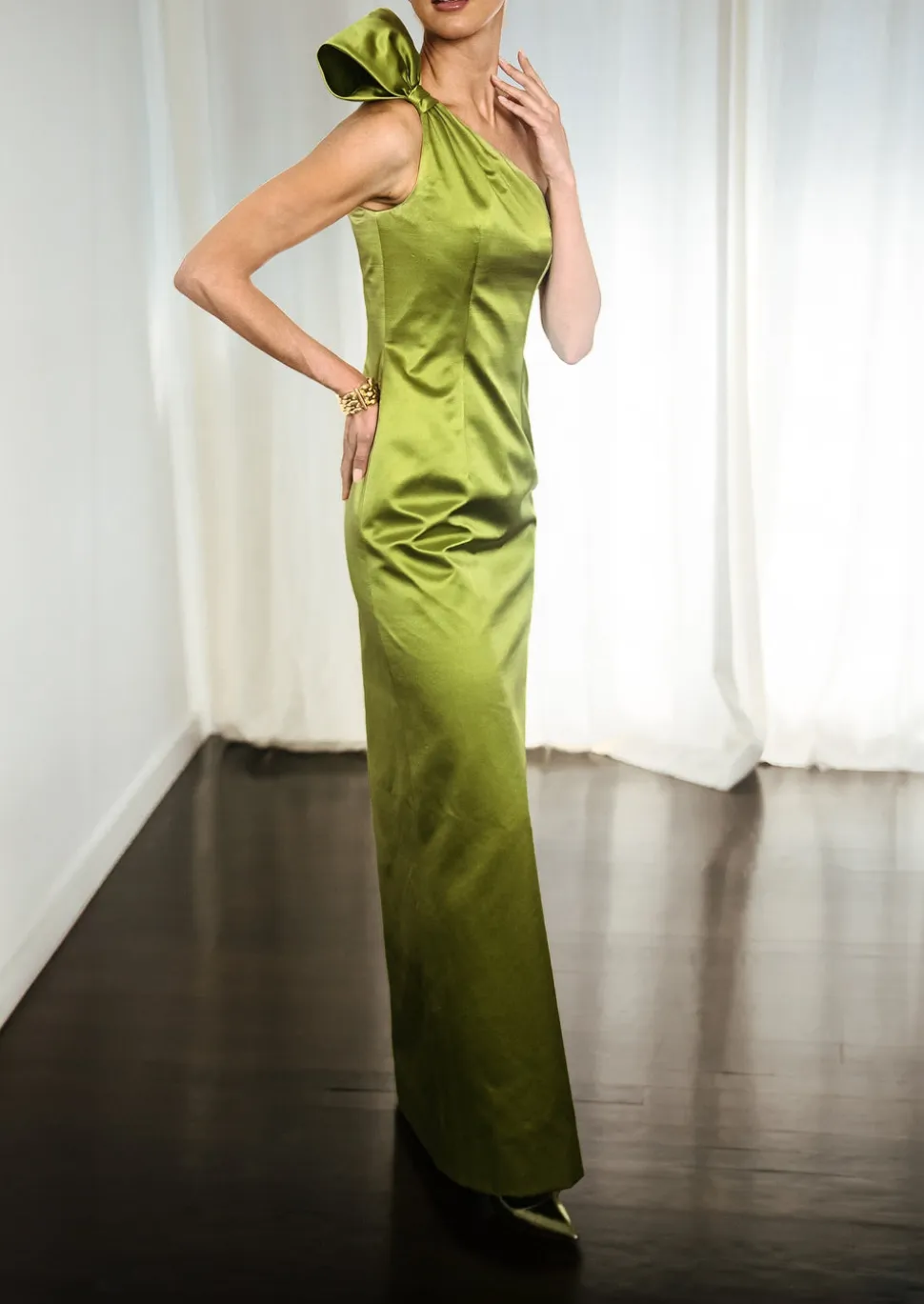 One Shoulder Tie Gown In Chartreuse Duchesse Satin