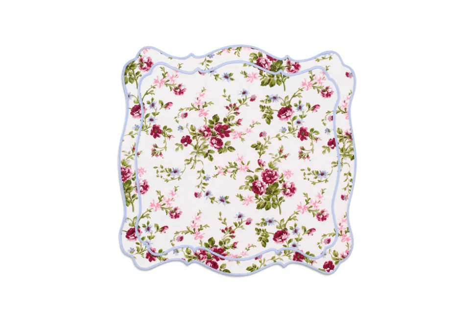 OTM Exclusive: Aline Placemat and Napkin Set in Pink with Serenity Blue Embroidery