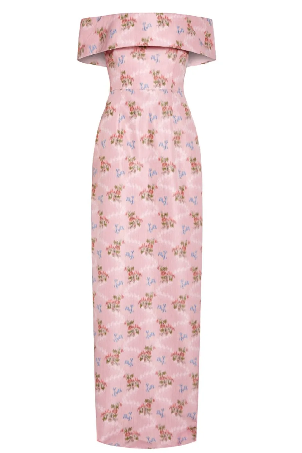 OTM Exclusive: Clover Pink Floral Ikat Off-The-Shoulder Collar Column Gown With Back Slit