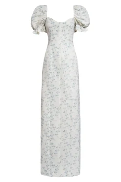 OTM Exclusive: Isidore Blue Bow Floral Ikat Puff Sleeve Column Gown