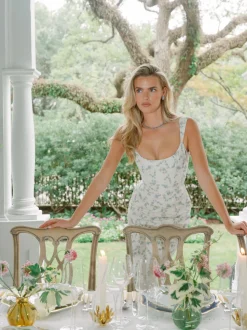 OTM Exclusive: Numa White Floral Ikat Corset Dress With Back Slit