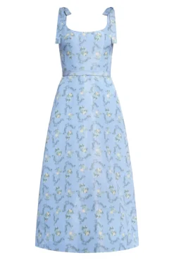 OTM Exclusive: Serafina Blue Floral Ikat Corset A-Line Midi Dress With Tie Straps