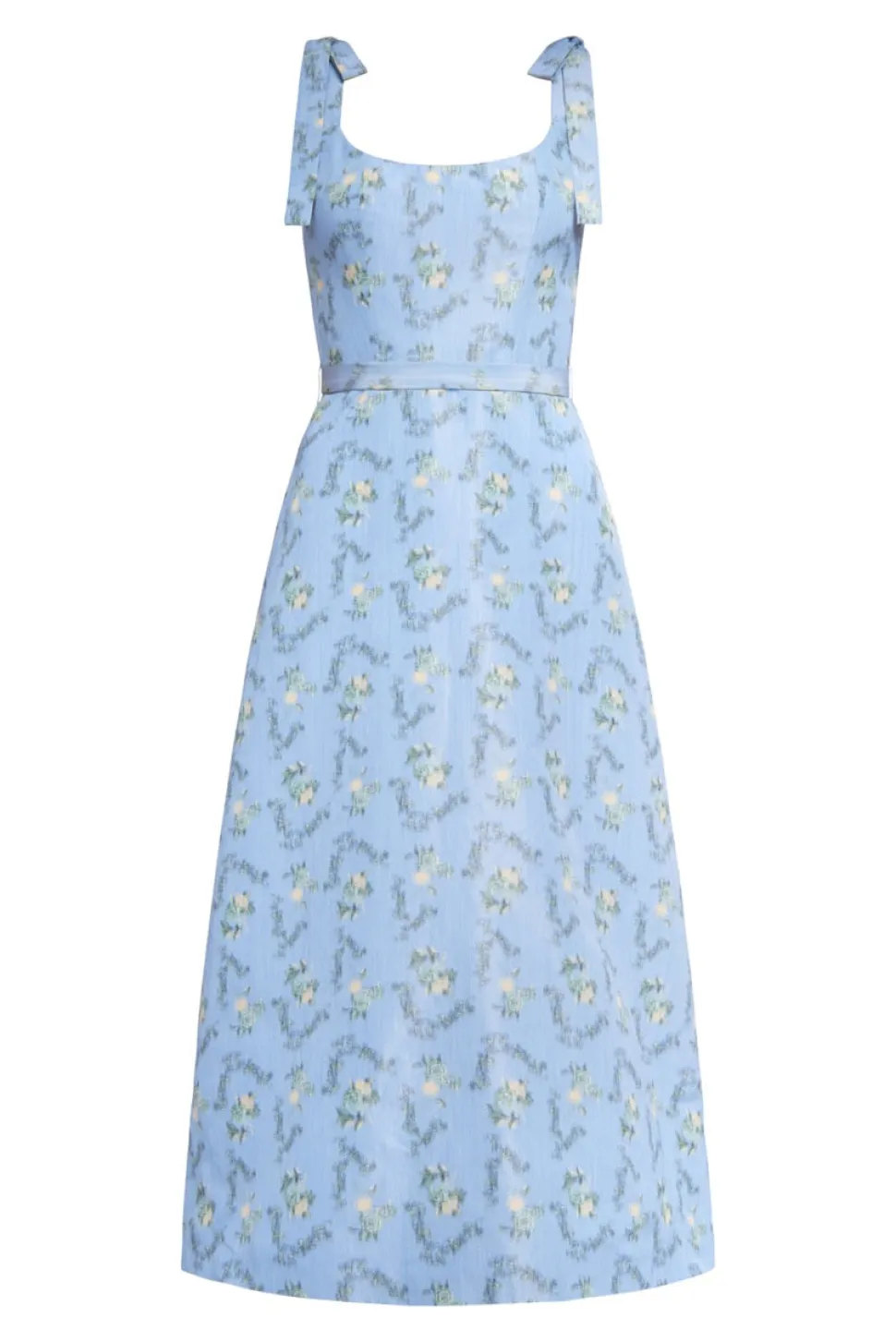 OTM Exclusive: Serafina Blue Floral Ikat Corset A-Line Midi Dress With Tie Straps