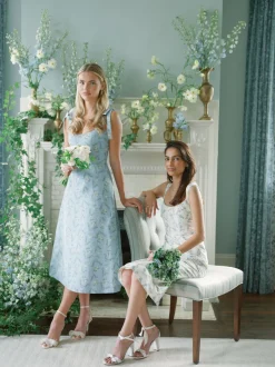 OTM Exclusive: Serafina Blue Floral Ikat Corset A-Line Midi Dress With Tie Straps