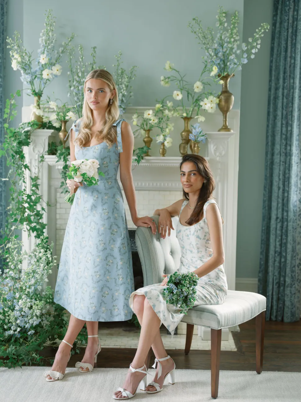 OTM Exclusive: Serafina Blue Floral Ikat Corset A-Line Midi Dress With Tie Straps