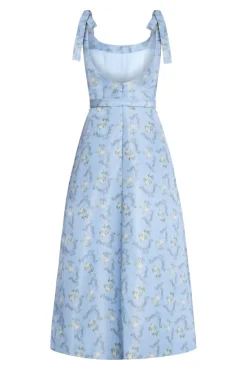 OTM Exclusive: Serafina Blue Floral Ikat Corset A-Line Midi Dress With Tie Straps