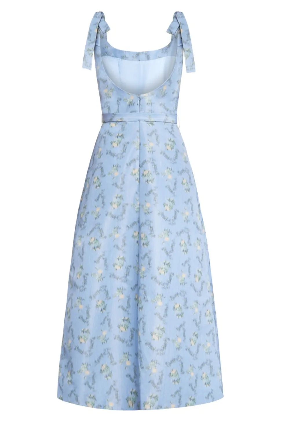 OTM Exclusive: Serafina Blue Floral Ikat Corset A-Line Midi Dress With Tie Straps