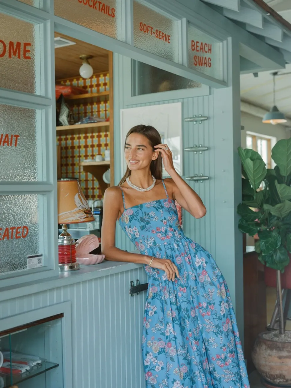 OTM Exclusive: Skinny-Strap Poof Dress in Blue Multi Floral