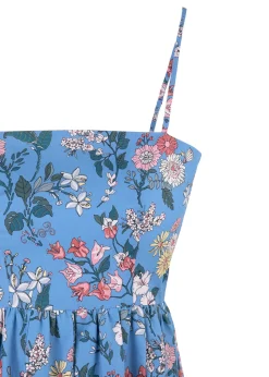 OTM Exclusive: Skinny-Strap Poof Dress in Blue Multi Floral