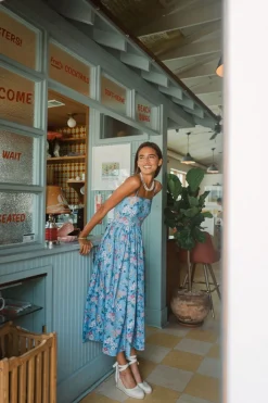 OTM Exclusive: Skinny-Strap Poof Dress in Blue Multi Floral