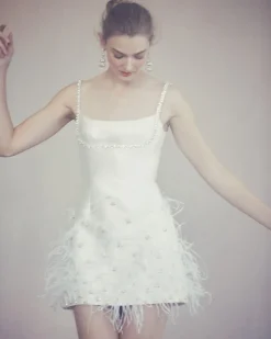 OTM Exclusive: Stella Dress in Ivory Silk Wool with Feathers