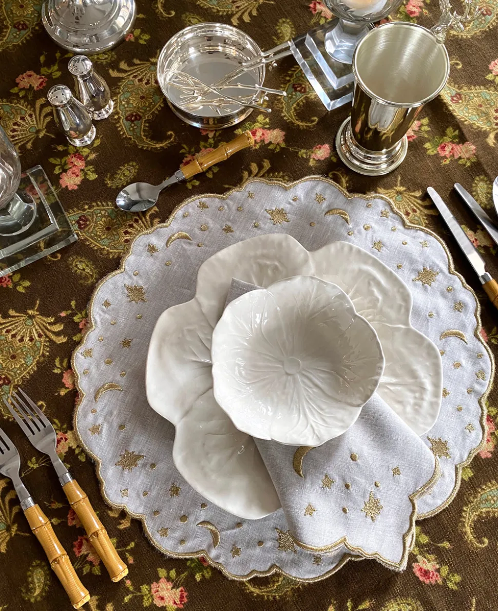 OTM Exclusive: The Astral Linen Napkin in White Linen and Gold Embroidery