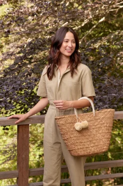 Oversized St Tropez Pom Pom Straw Tote