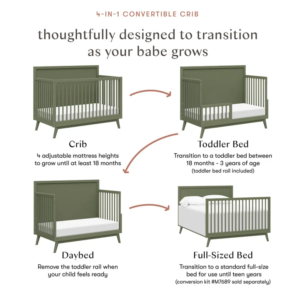 Palma 4-in-1 Convertible Crib with Toddler Bed Conversion Kit in Olive