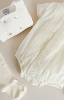 Panelled Christening Romper in Ivory
