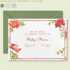Peonies Birth Announcement without Photo, Set of 50