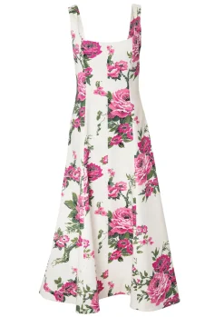 Pink Floral Printed Cotton Square Neck Midi Dress