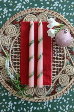 Pink Garland and Berry Hand-Painted Taper Candles, Set of Two