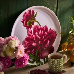 Pink Peony Large Round Birchwood Tray