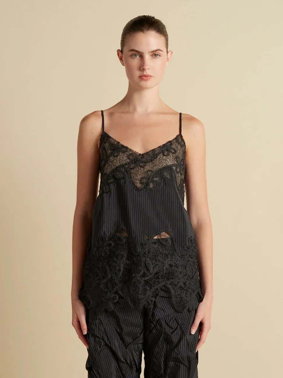 Pinstripe Camisole with Lace Inlay in Navy