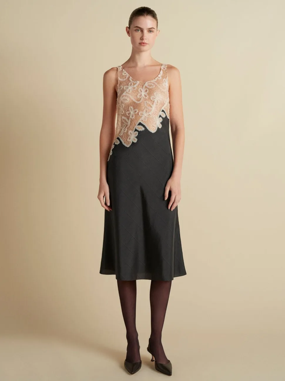 Pinstripe Dress with Lace Encrustation in Black
