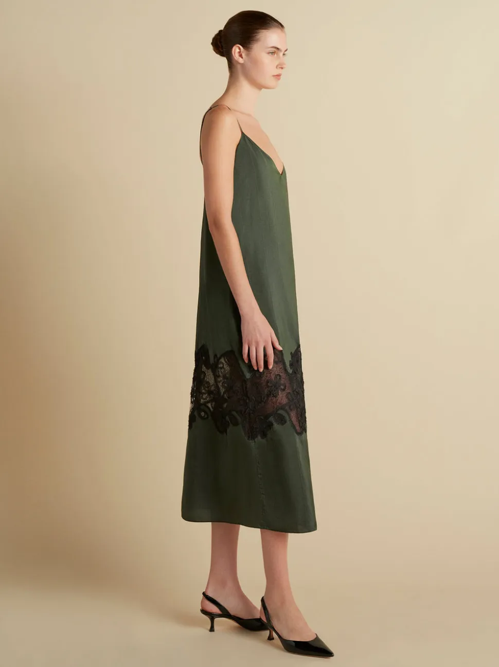 Pinstripe Slipdress with Lace Inlay in Pine