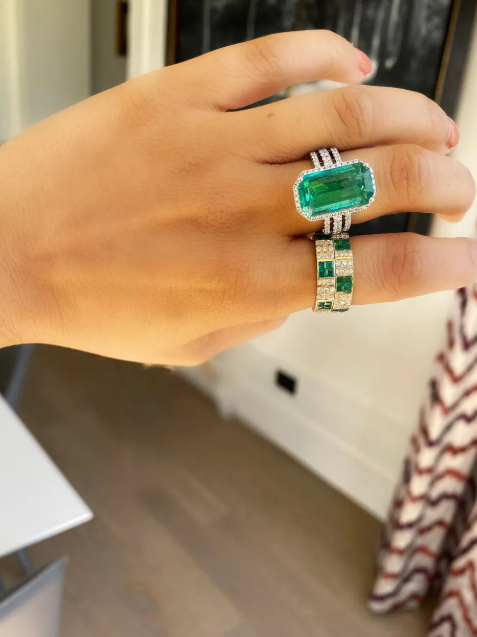 Pinstripe Strength Diamond Cigar Band Ring with Emerald