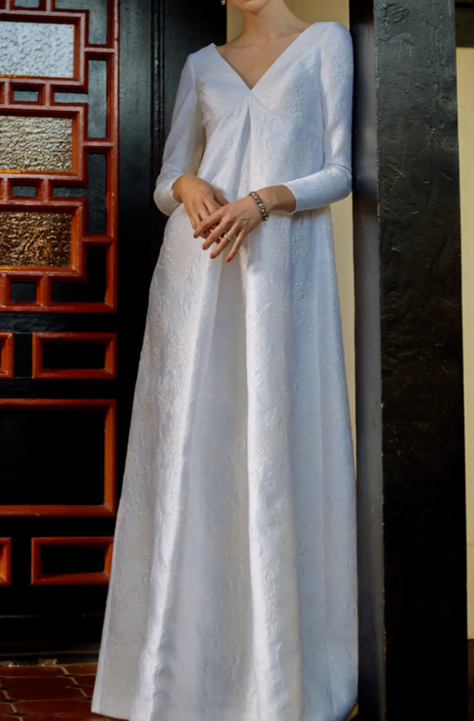 Pleat Front Long Sleeve Wedding Gown