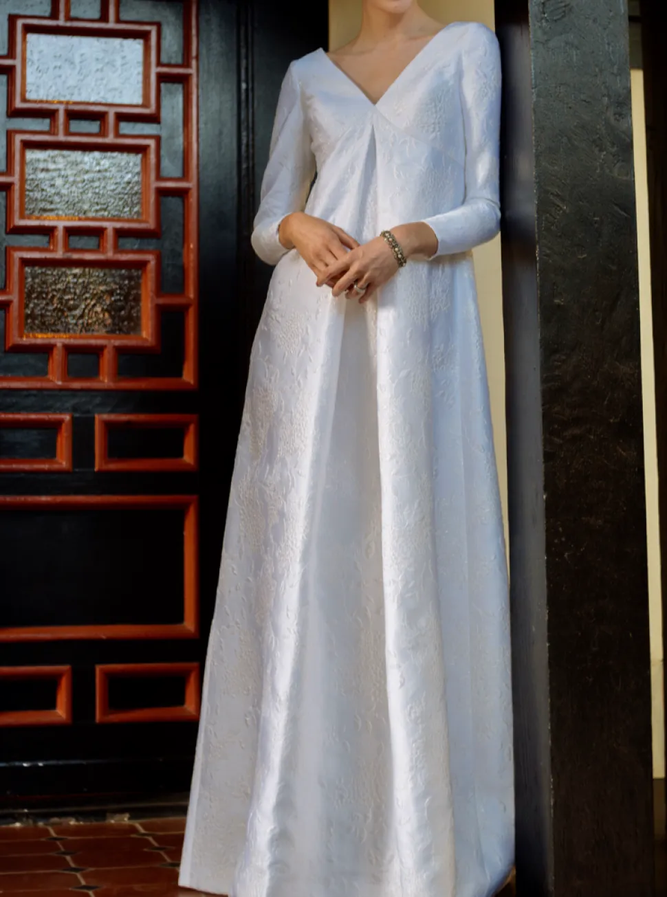 Pleat Front Long Sleeve Wedding Gown