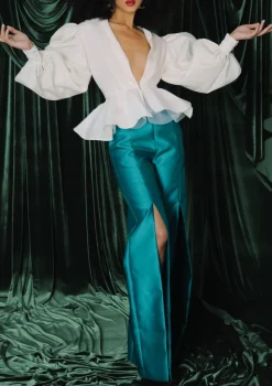 Plunging Peplum Top with Bishop Sleeve