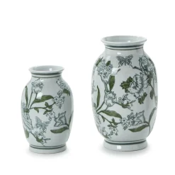 Primrose Lotus Green & White Chinoiserie Vases, Set of 2