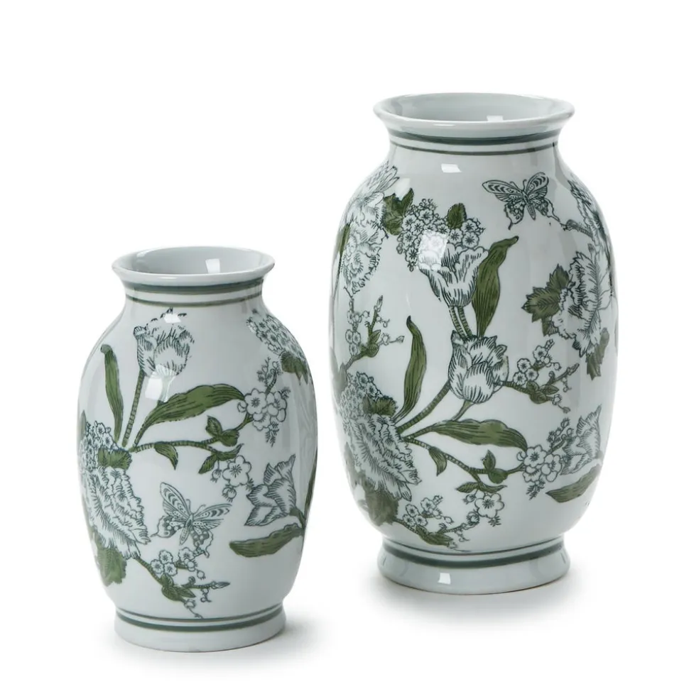 Primrose Lotus Green & White Chinoiserie Vases, Set of 2