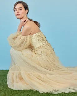 Priyanka Gown in Gold Tulle with Sporadic Sequins