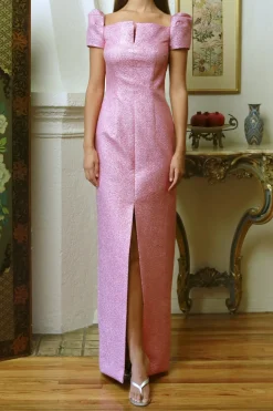 Puffy Sleeve Column Gown in Pink Lamé