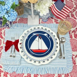 Quilted Ruffle Placemats in Blue Stripe, Set of 4