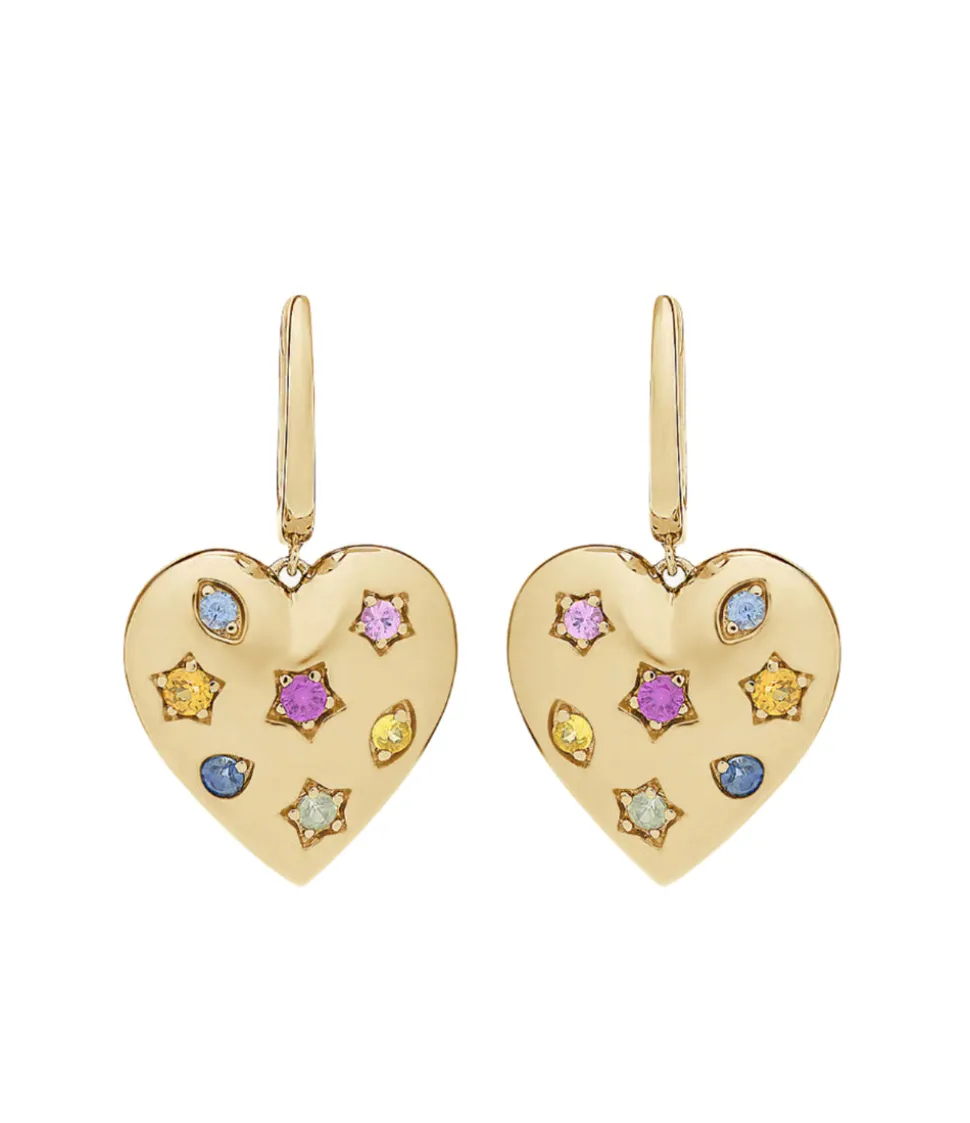 Rainbow Sapphire Kaleidoscope Heart Hoop Earrings