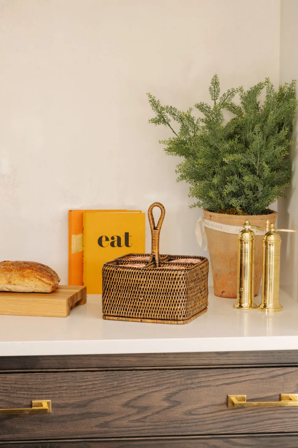Rattan Cutlery and Condiment Carrier in Brown