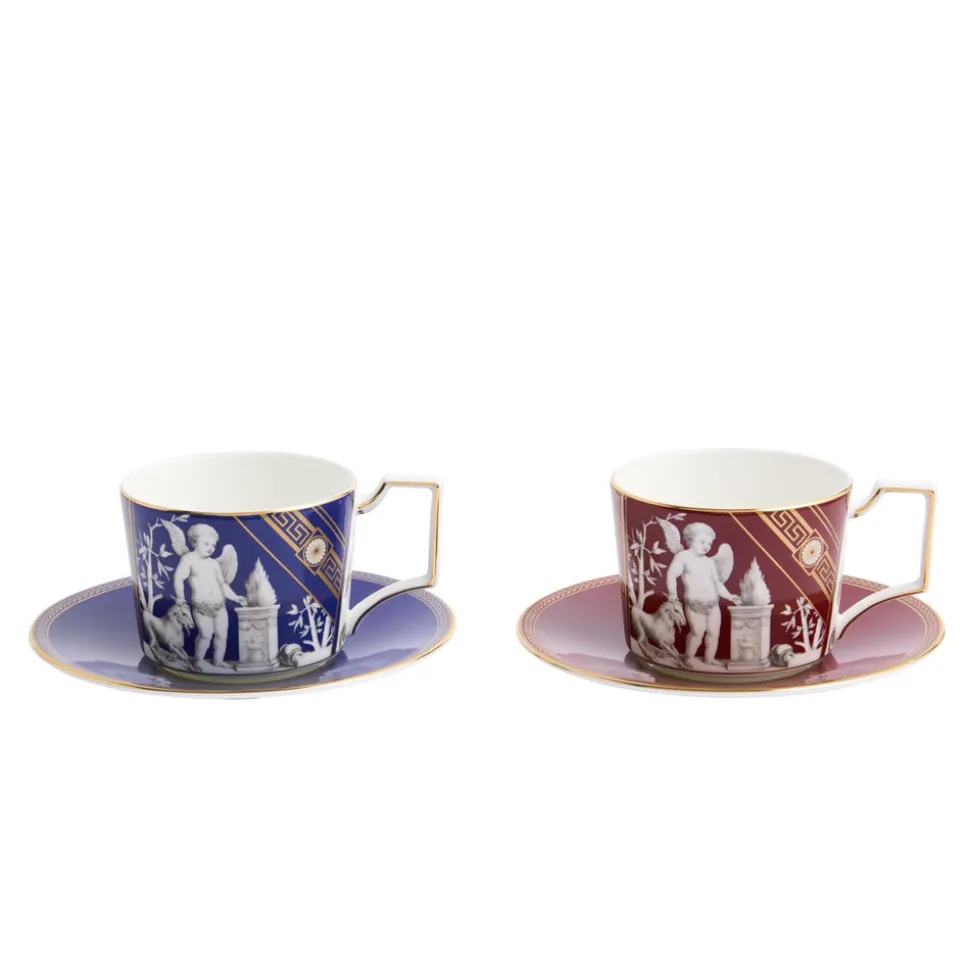 Renaissance Mix Teacup Saucer in Gold & Red, in Set of 2