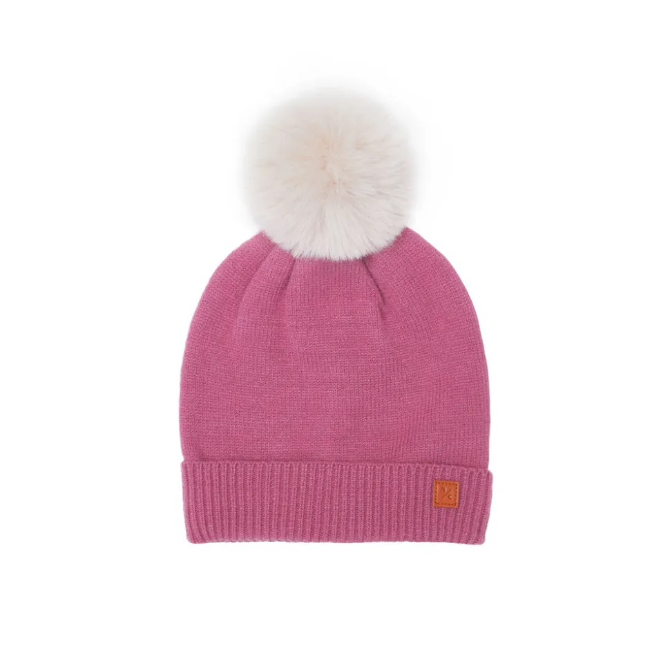 Rose Pink Knit Winter Hat with Faux Fur Pom