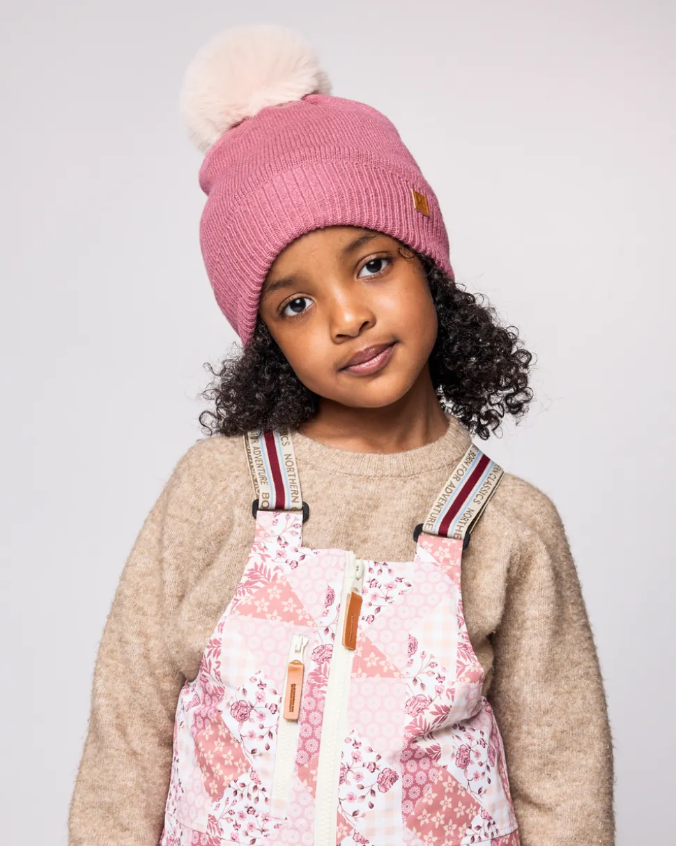 Rose Pink Knit Winter Hat with Faux Fur Pom