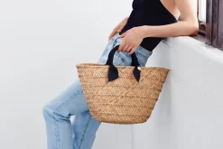 Rosie Woven Straw Ribbon-Handle Tote