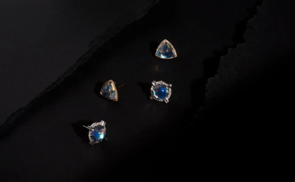 Round Starburst Moonstone and Diamond Stud Earrings