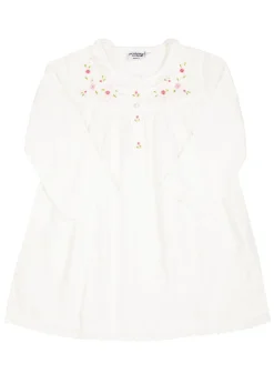 Ruby White Cotton Dress with Embroidered Pink Roses
