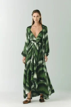 Sabina Silk Jacquard Midi Dress in Green Brushed
