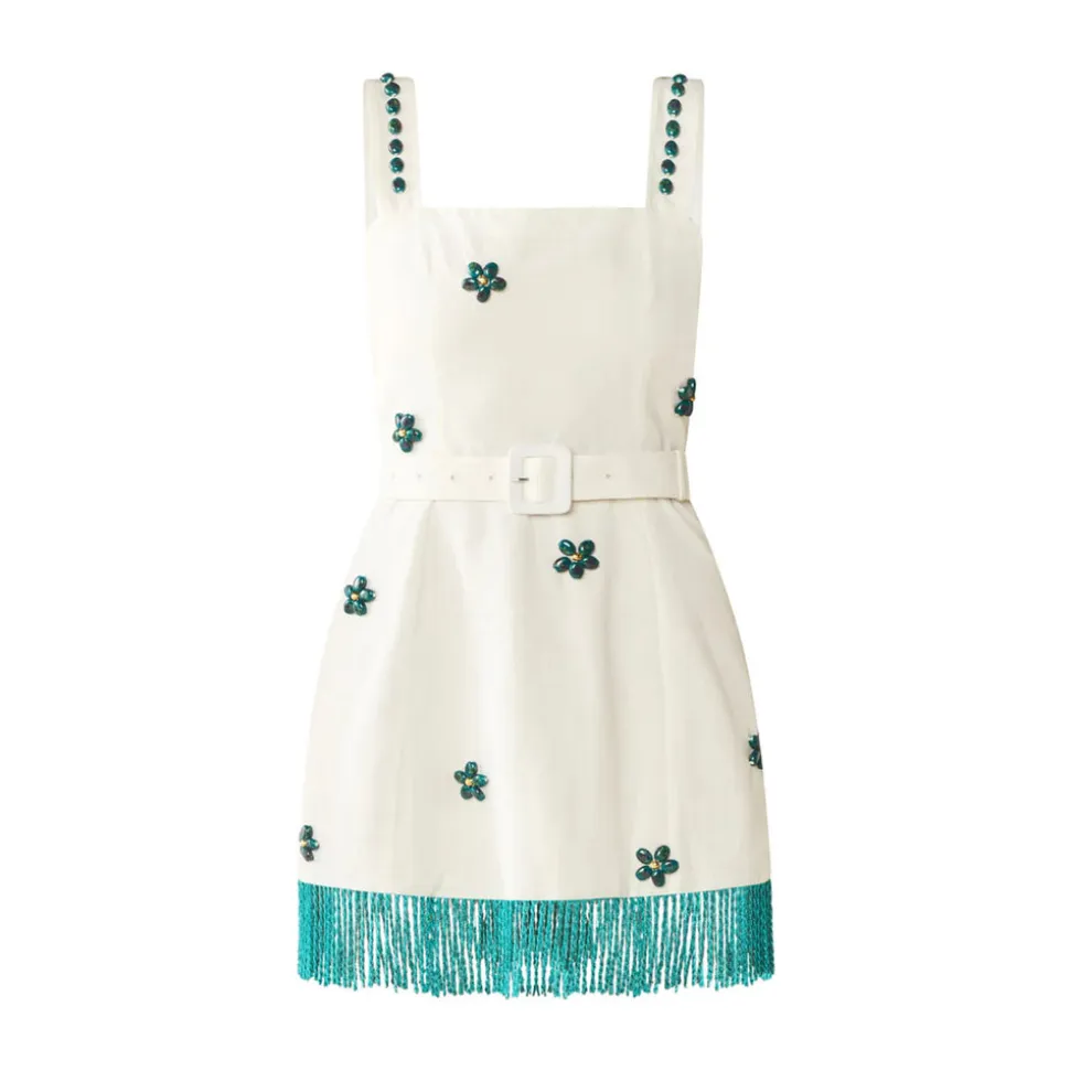 Sarah Bird Mini Dress in White with Painted Beads