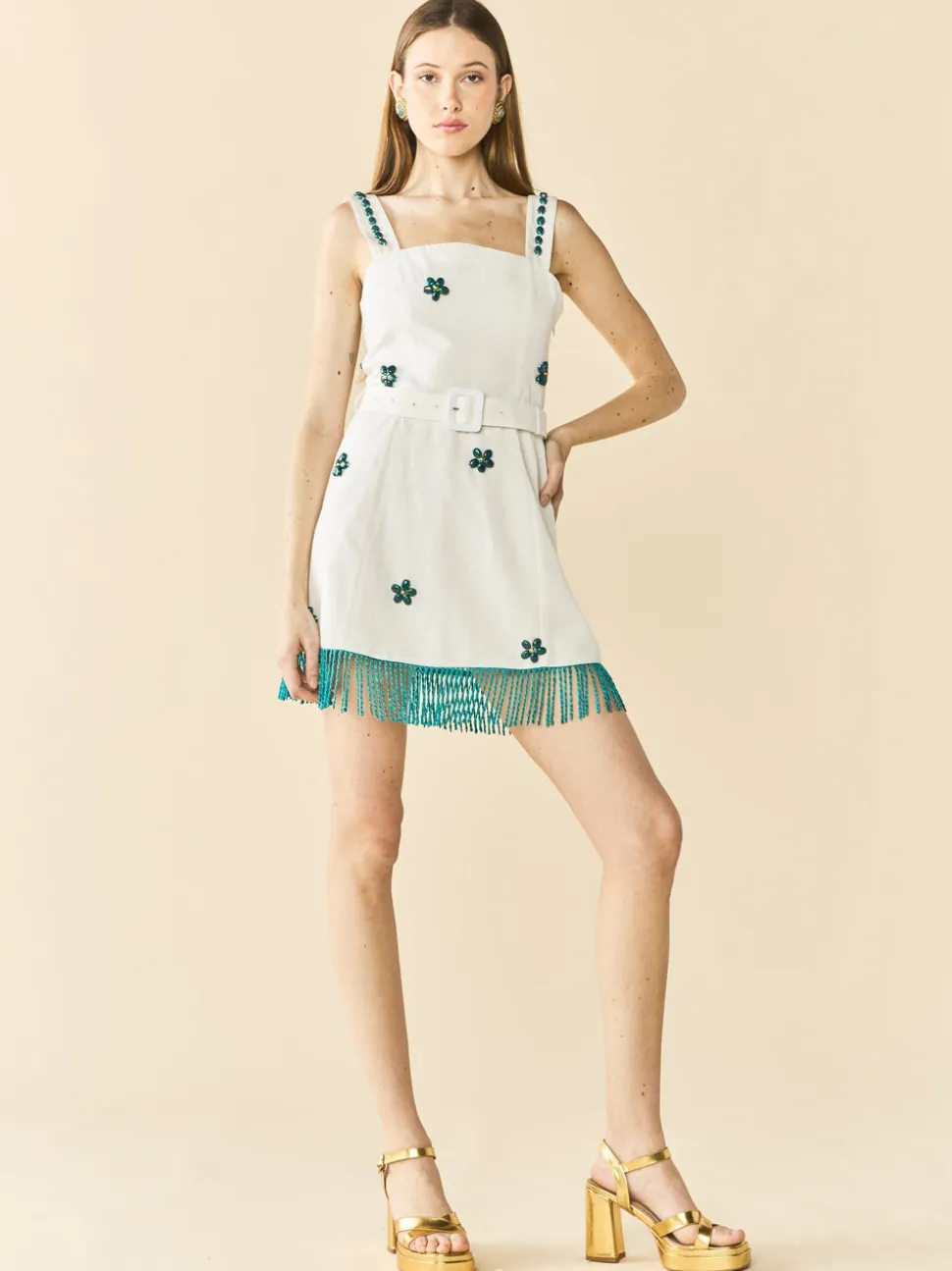 Sarah Bird Mini Dress in White with Painted Beads