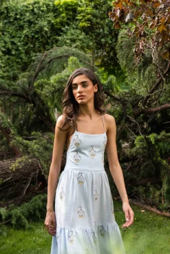 Sarv Maxi Dress in Baby Blue & White