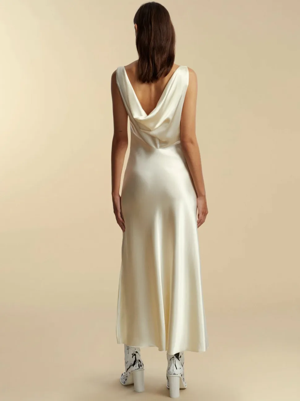 Satin Bias Slipdress with Cowl Back in Ivory
